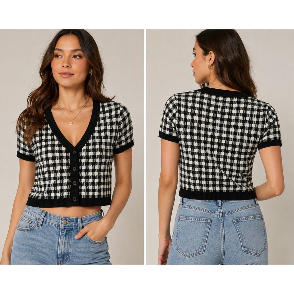 Forever 21 Women’s Black White Plaid Knit Cardigan Tank Top Set Size S